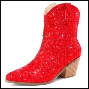 Women's Rhinestone Cowgirl Ankle Boots with Chunky Heel and Side Zipper